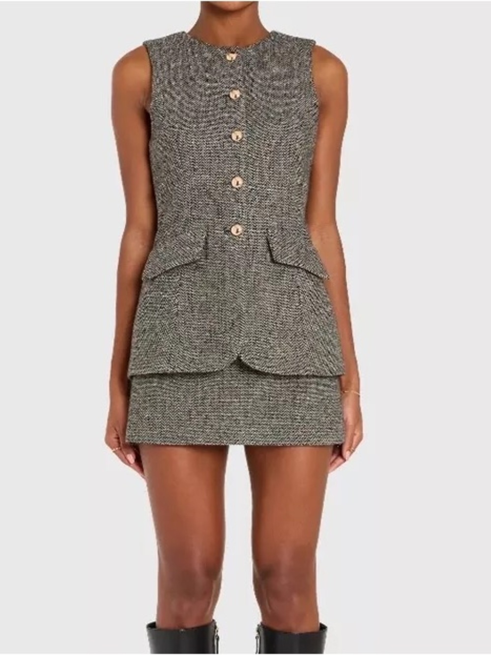 Amanda Uprichard Serena Tweed Skort Romper Black Multi Gold Button Size M